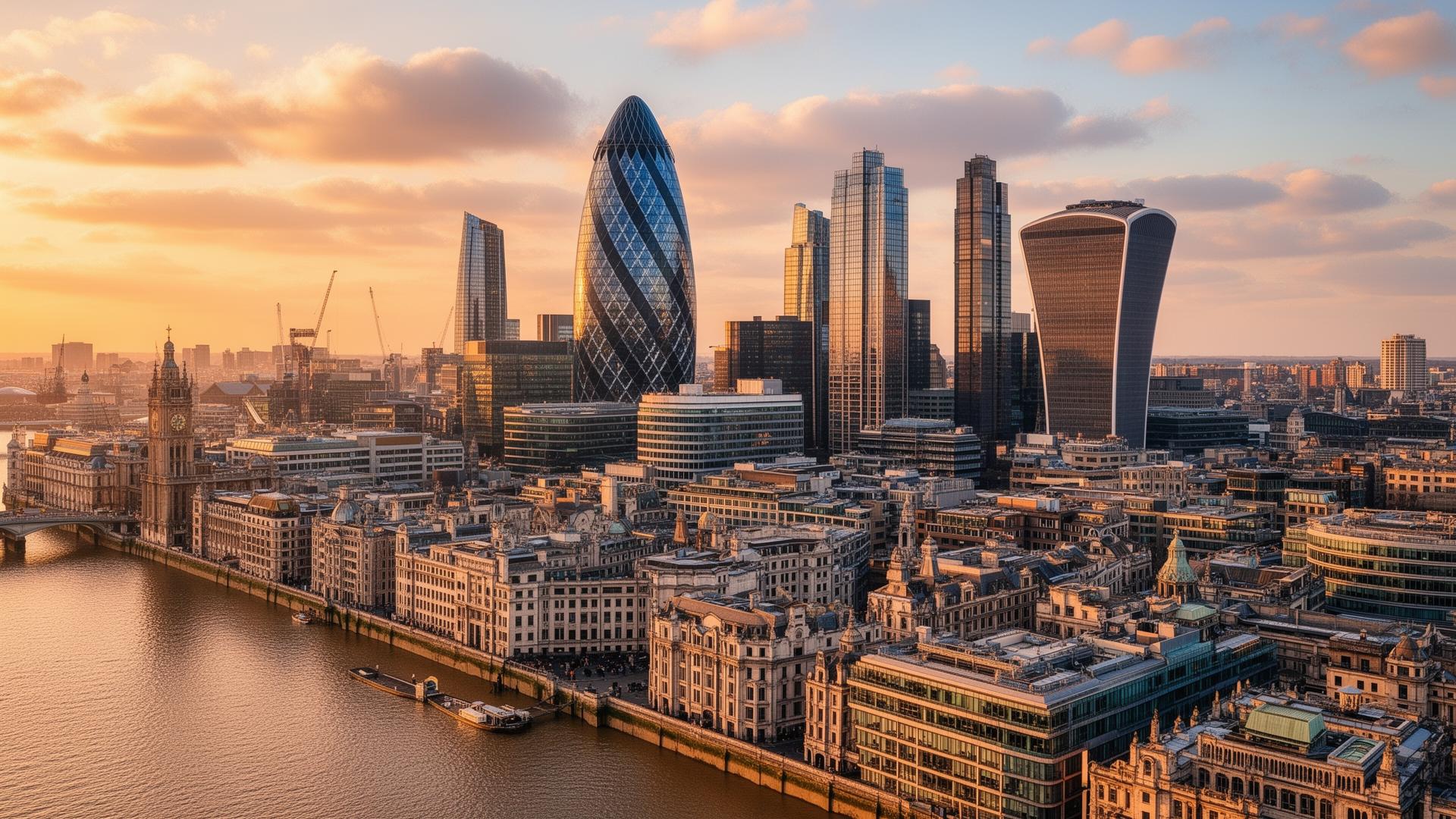 City of London skyline at golden hour with the Gherkin and Walkie-Talkie towers