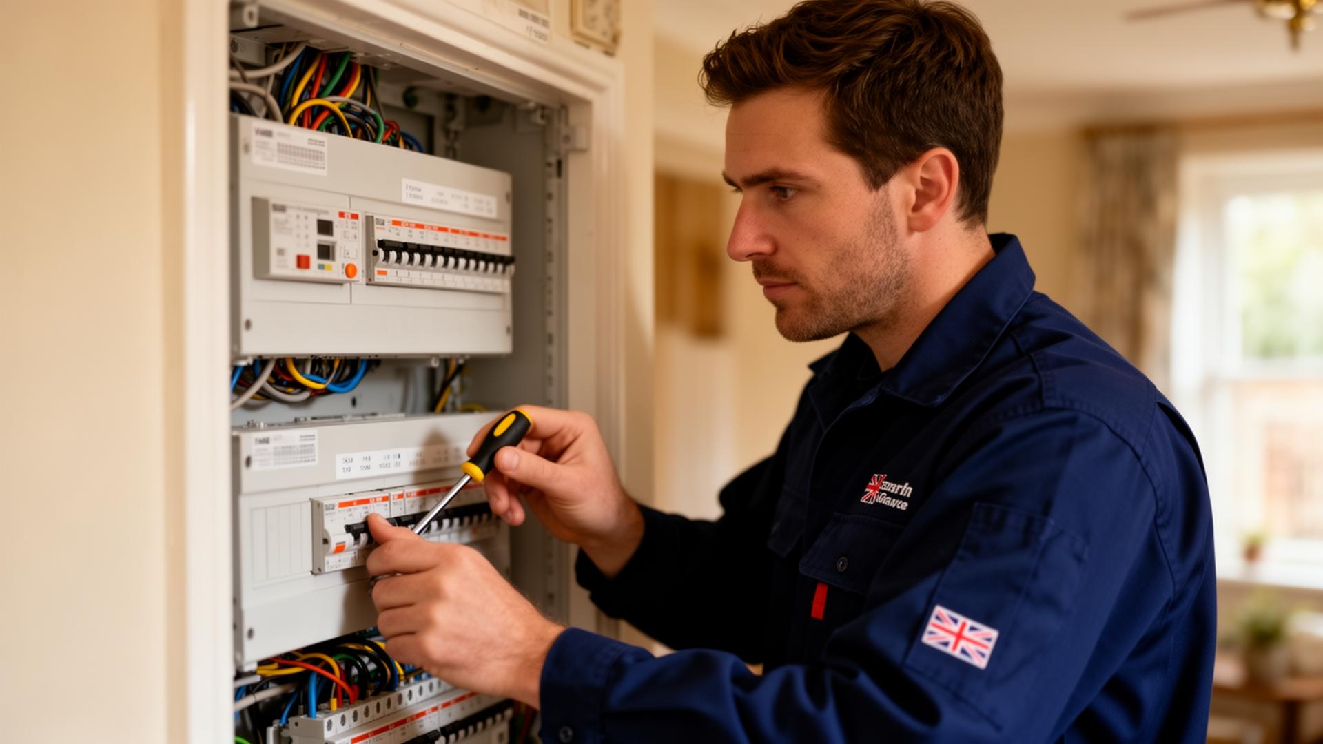 London electrician working on a consumer unit in a modern home