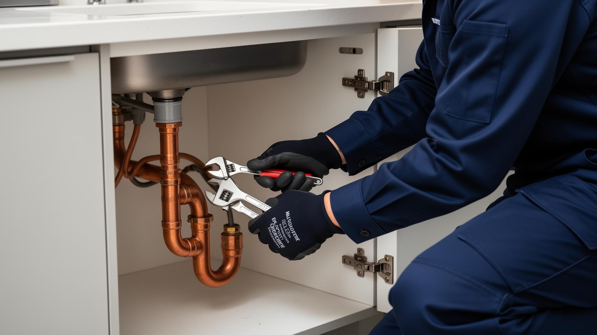 London plumber fixing pipework under a modern kitchen sink