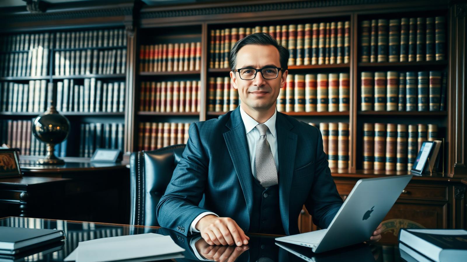 London solicitor at a desk in a classic legal office with bookshelves