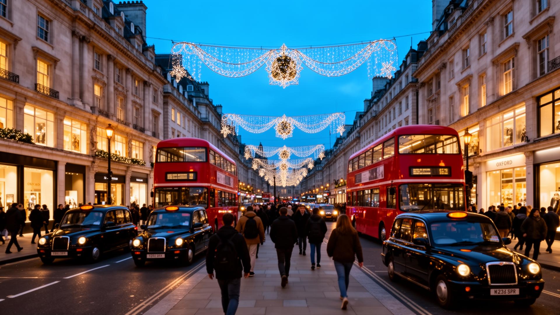 Oxford Street in London at dusk with red double-decker buses and black taxis