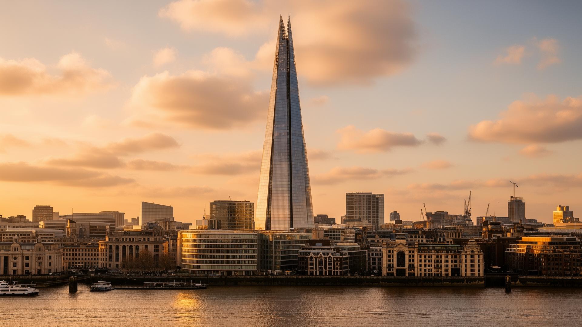 The Shard skyscraper towering over the London skyline at golden hour